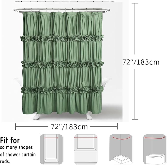 Homechoice Decor Light Green Ruffle Shower Curtain 72" W x 72" H | Vintage Handcrafted Bow Tie Bath Curtain for Master Bathroom, Ruched Microfiber Bathroom Curtain with 12 Buttonholes (LQ-10)