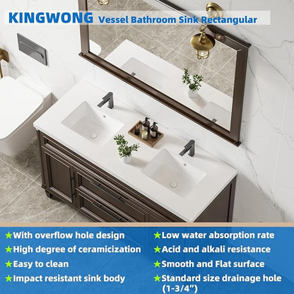 18 Inch White Rectangle Vessel Sink for Bathrooms 18.3" x 13.78" Small Undermount Bathroom Sink Ceramic Porcelain Under Counter Basin Sink with Overflow 465mm x 350mm Lavamanos Para Baños KINGWONG