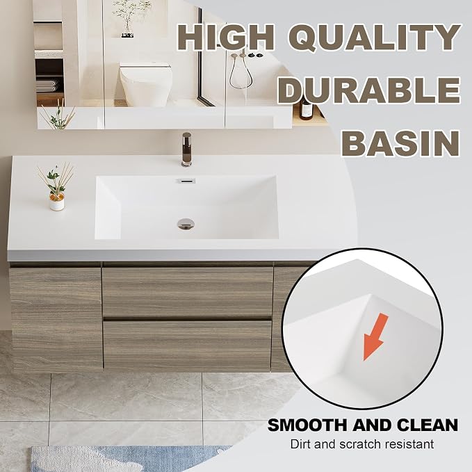 Pre-Assembled 48" Floating Bathroom Vanity with Sink, Ash Grey | Wall-Mounted Bathroom Vanity with Solid Surface Top Basin, 2 Soft Close Drawers and 2 Doors, Easy to Install & Clean