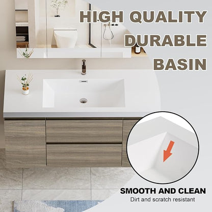 Pre-Assembled 48" Floating Bathroom Vanity with Sink, Ash Grey | Wall-Mounted Bathroom Vanity with Solid Surface Top Basin, 2 Soft Close Drawers and 2 Doors, Easy to Install & Clean