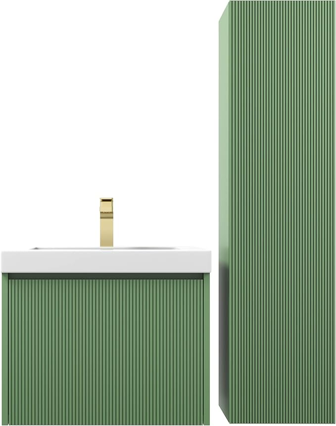 Blossom 24 Inch Bathroom Vanity with Sink and Side Cabinet, All Wood Floating Bathroom Vanity with Acrylic Sink, Bathroom Sink Cabinet with Soft-Close Drawer, Modern Style Vanities, Aventurine Green