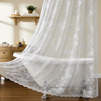 White Lace Shower Curtain 36 Inch with Attached Valance Victorian Floral Shower Curtain Vintage French Country Scalloped Edge for Bathroom Decor Spa Hotel Bath Short Rental Loft, 1 Panel, 36x72