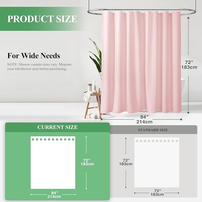 Extra Wide Waffle Shower Curtain 256 GSM Fabric 84x72 Pink | 84 Inch Wide, Thick Cloth, Weighted Hem, Water Repellent, Hotel Luxury Polyester Shower Curtain Set for Bathroom 14 Hooks