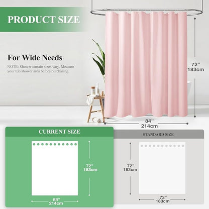 Extra Wide Waffle Shower Curtain 256 GSM Fabric 84x72 Pink | 84 Inch Wide, Thick Cloth, Weighted Hem, Water Repellent, Hotel Luxury Polyester Shower Curtain Set for Bathroom 14 Hooks