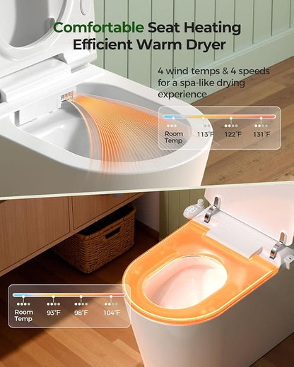 Nordic Smart Toilet with Built in, Auto Open Close Lid,Tankless One Piece Toilet, ADA Comfort Height, 1.28 GPF Auto Dual Flush, Heated Seat, Warm Air Dryer & Digital Display