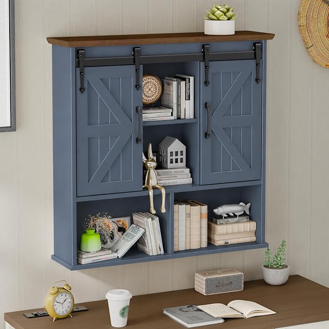 Vabches Bathroom Wall Cabinet, Farmhouse Medicine Cabinet, Navy Blue | Wooden Vintage Storage Cabinet Wall Mounted with Double Sliding Barn Door and Adjustable Shelf for Bathroom, Kitchen