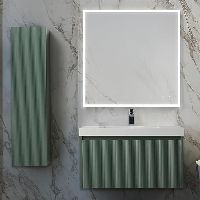 Blossom 36 Inch Bathroom Vanity with Sink and Side Cabinet, All Wood Floating Bathroom Vanity with Acrylic Sink, Bathroom Sink Cabinet with Soft-Close Drawer, Modern Style Vanities, Aventurine Green