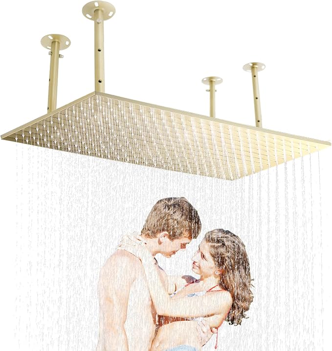 16"X32" Luxury High Pressure Rain Shower Head, Ceiling Mount Rectangle Rainfall Showerhead with Silicone Nozzles Full Body Fixed Showerheads For Modern Bathroom, Brushed Gold Plated Finish