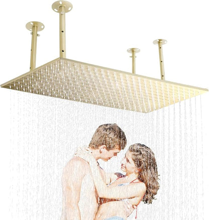 16"X32" Luxury High Pressure Rain Shower Head, Ceiling Mount Rectangle Rainfall Showerhead with Silicone Nozzles Full Body Fixed Showerheads For Modern Bathroom, Brushed Gold Plated Finish