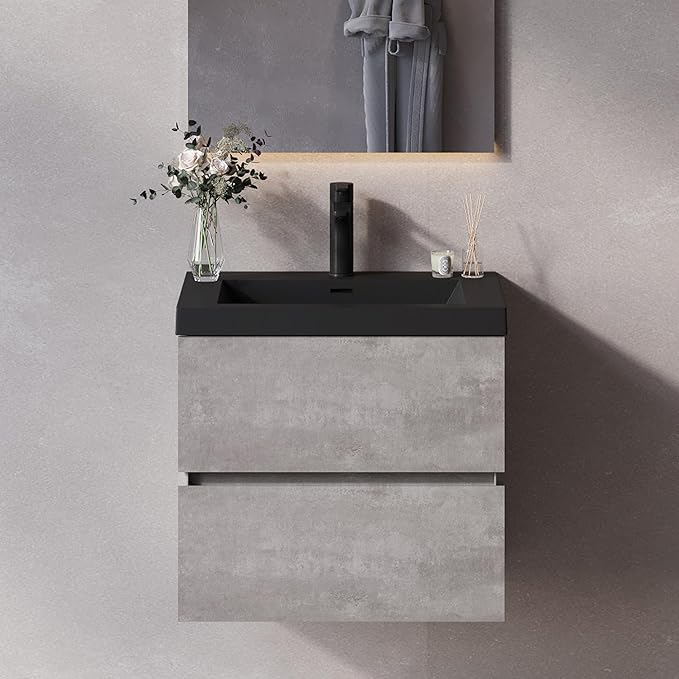 Wall Mounted 24 Inch Bathroom Vanity with Sink, Floating Vanity Bathroom, Single Sink Bathroom Vanity, 2 Drawers, Resin Integrated Sink (Dark Birch)