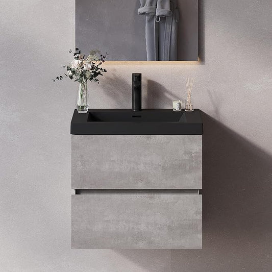 Wall Mounted 24 Inch Bathroom Vanity with Sink, Floating Vanity Bathroom, Single Sink Bathroom Vanity, 2 Drawers, Resin Integrated Sink (Dark Birch)