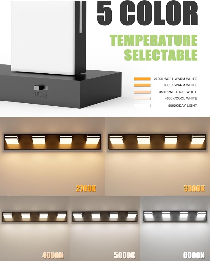 VOLISUN Modern 30-Inch 4-Light Black LED Bathroom Vanity Light Fixtures Over Mirror, 5CCT Dimmable, ETL Certificated