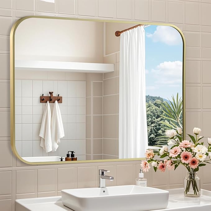 Brushed Gold Mirror, 48"x30" Rectangle Bathroom Mirror, Metal Frame Rectangle Corner Vanity Mirror, Wall Mounted Mirror for Modern, Living Room, Bedroom, Horizontal Or Vertical
