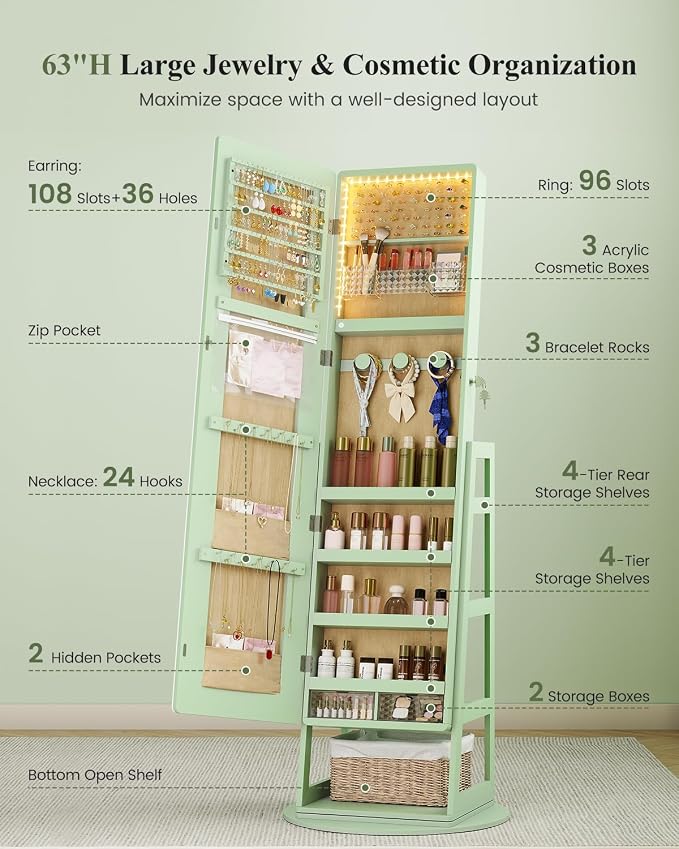 LVSOMT Standing Jewelry Cabinet Mirror with Adjustable LED Light Green | 63" Lockable Jewelry Armoire Organizer with 4 Rear Shelves & Hooks, 360° Swivel, for Bedroom, Living Room, Women Girls Gift