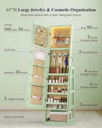 LVSOMT Standing Jewelry Cabinet Mirror with Adjustable LED Light Green | 63" Lockable Jewelry Armoire Organizer with 4 Rear Shelves & Hooks, 360° Swivel, for Bedroom, Living Room, Women Girls Gift