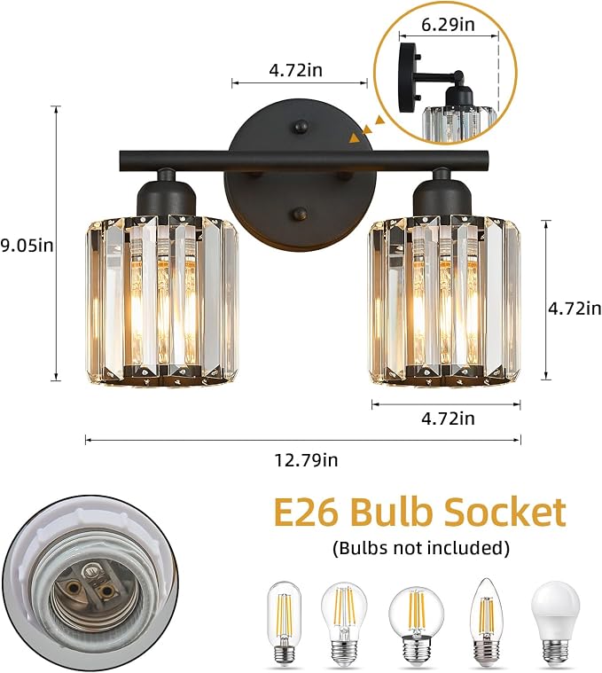 Modern 2 Light Crystal Vanity Light, Black Vertical Bathroom Light Fixture Over Mirror for Dressing Table Sink, Compatible with Dimmable Bulbs (Bulbs Not Included)