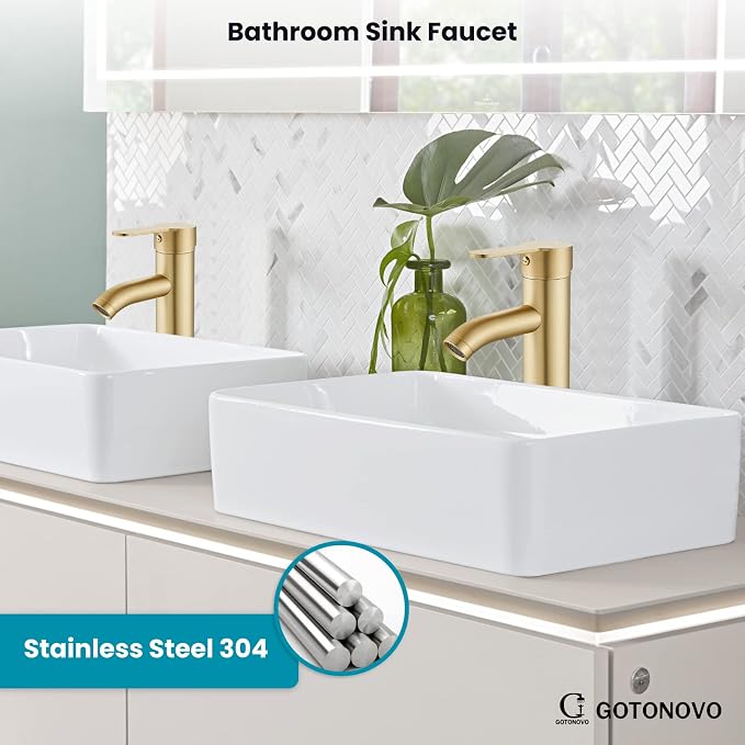 gotonovo Modern Vessel Sink Faucet with ABS Pop Up Drain, Brushed Gold | Modern Tall Bathroom Faucet 1 Hole Single Handle Round Body, cUPC Water Supply Hoses, Basin Mixer Tap for Vanity Lavatory Rv