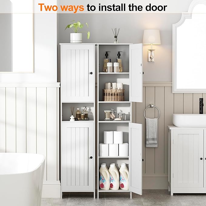 Tall Bathroom Storage Cabinet with 2 Doors, 67"H Narrow Storage Cabinet with Adjustable Shelves& Anti-Tip Design, Reversible Door Installation, Easy Assembly, 11.8 x 15.7 x 66.9 Inches, White