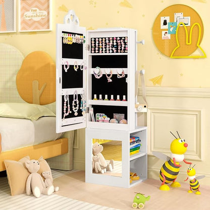 HONEY JOY Kids Jewelry Armoire Cabinet, Wooden Standing Jewelry Organizer w/Full-length Mirror and Garment Rack, 2 Tier Storage Shelves, Children Dress Up Jewelry Cabinet for Little Girls (White)