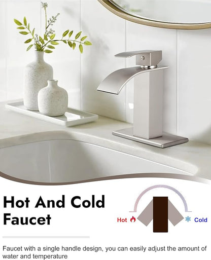Midanya Waterfall Spout Bathroom Faucet Single Handle 1 Hole Bathroom Sink Faucet,Modern RV Lavatory Vanity Basin Tap with Water Hose,No Drain,Short Body,Brushed Nickel