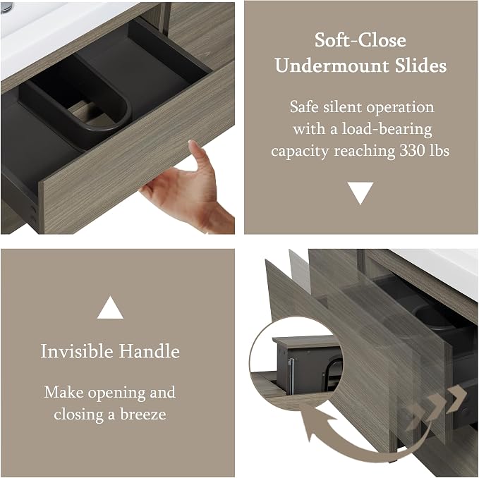48 Inch Floating Bathroom Vanity with Sink, Large Storage Wall Mounted Floating Vanity with Soft Close Drawers, One-Piece Basin Bathroom Sink Cabinet (Ash Grey, 48 Inch)