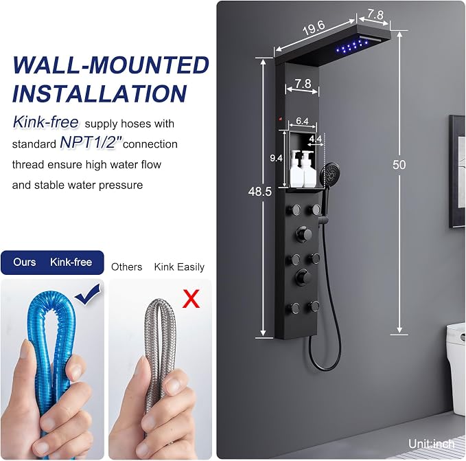 ROVATE LED Shower Panel Tower with Shelf & 6 Adjustable Jets, Matte Black | Stainless Steel Rainfall Waterfall Shower Column with 6 Angle Adjustable Body Massage Jets, Self-Cleaning 5-Setting Handheld