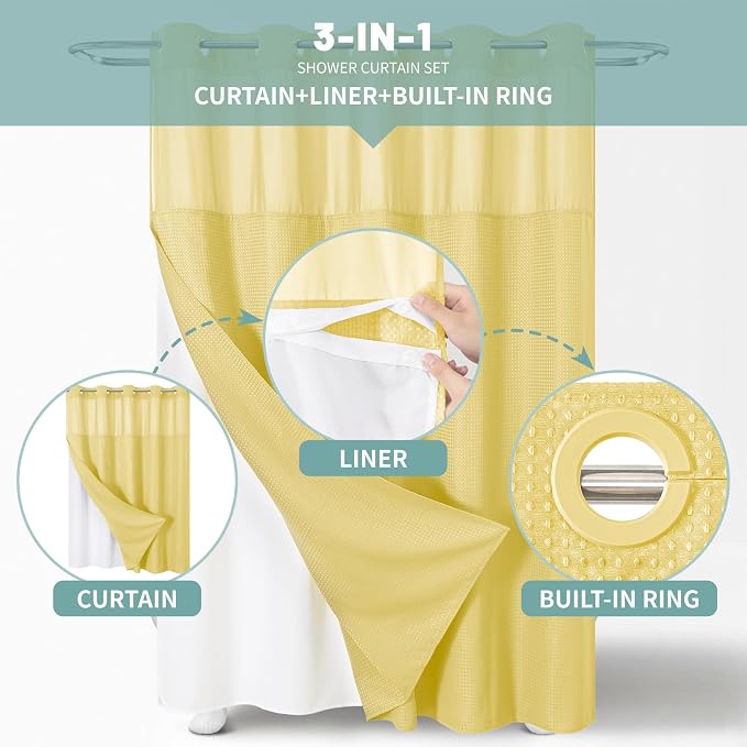 eachope No Hook Long Waffle Shower Curtain, Snap-in Liner, 71x86 in, Yellow | 230 GSM waffle weave fabric, waterproof liner set with 2 bottom magnets, mesh top window, washable, for bathroom or hotel use