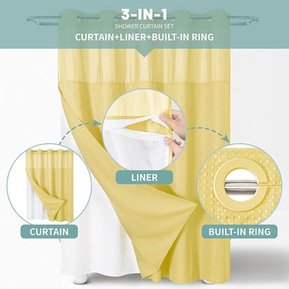 eachope No Hook Long Waffle Shower Curtain, Snap-in Liner, 71x86 in, Yellow | 230 GSM waffle weave fabric, waterproof liner set with 2 bottom magnets, mesh top window, washable, for bathroom or hotel use