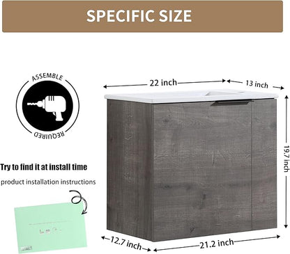22 Inch Wall Mounted Bathroom Vanity, 22'' Floating Bathroom Vanity with Sink, Single Sink Cabinet Combo, Modern Storage Cabinet, with Soft Closing Door, Grey