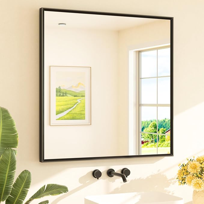 Black Framed Mirror for Bathroom Vanity 36" x 36" Matte Black Rectangle Beveled Frame Wall Mirror for Over Sink, Tempered Glass, Modern Farmhouse Bedroom, Entryway, Living Room