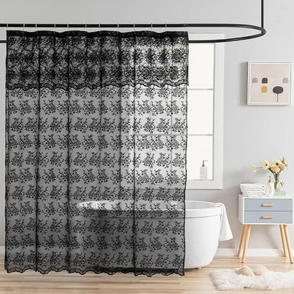 YJ YANJUN Black Lace Shower Curtain 84 inch Lenth, Gothic Bathroom Decor | Elegant Floral Lace with Attached Valance, Light Filtering, XL Sheer Bath curtain for Vintage Halloween Goth Decor, 1 Panel