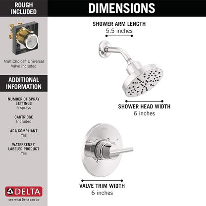 Delta Nicoli 14 Series H2Okinetic Shower Faucet Set, Chrome Shower Head and Handle Set, Valve Trim Kit, Chrome 142749 (Valve Included)