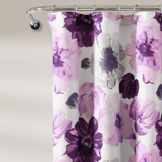 Lush Decor Leah Floral Shower Curtain, 72" W x 72" L, Gray/Purple - Fabric Shower Curtains - Watercolor Botanical Bathroom Curtain - Farmhouse & French Country Decor