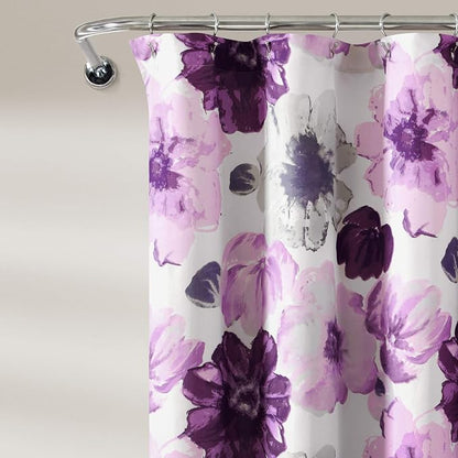 Lush Decor Leah Floral Shower Curtain, 72" W x 72" L, Gray/Purple - Fabric Shower Curtains - Watercolor Botanical Bathroom Curtain - Farmhouse & French Country Decor