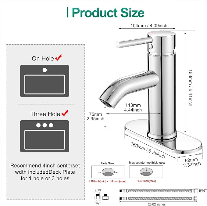 Bathroom Faucet Chrome Modern Bathroom Sink Faucet, Single Handle Faucet for Sink, Vanity, RV, Lavatory, Suitable for 1 or 3 Holes, with Supply Deck Plate and Hose