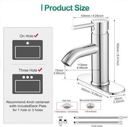 Bathroom Faucet Chrome Modern Bathroom Sink Faucet, Single Handle Faucet for Sink, Vanity, RV, Lavatory, Suitable for 1 or 3 Holes, with Supply Deck Plate and Hose