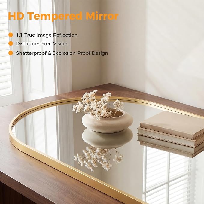 Arched Gold Bathroom Mirrors for Wall, 20x30-Inch Bathroom Mirror for Over Sink, Wall Vanity Mirror with Matte Metal Frame and HD Shatter-Proof Glass for Entryway, Living Room, Bedroom
