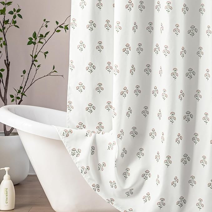 Pink Cute Floral Shower Curtain,Vintage Cottage Core Shabby Chic Fabric Pretty Boho Flower Pattern Girly Shower Curtains for Girls Bathroom,72x72,Light Pink and Green White