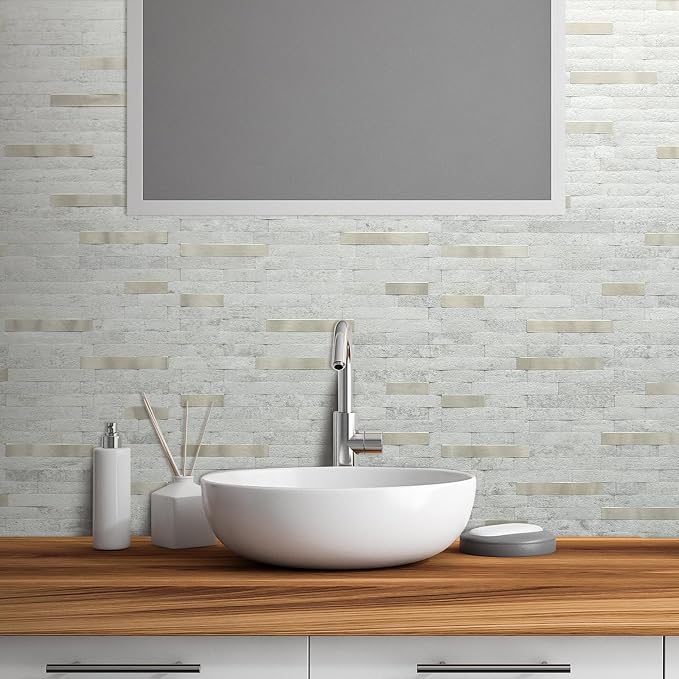 AULIGET 2 Sheets Faux Stone Peel and Stick Backsplash, Beige Stone Look PVC Wall Tile Stick on Backsplash for Kitchen and Bathroom