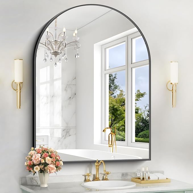 COFENY Arched Bathroom Mirror, 36x48IN Black Bathroom Mirror with Metal Frame, Wide Wall Mounted Mirrors Decor Modern Dresser Mirror for Bedroom Living Room Entryway
