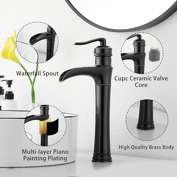 Oil Rubbed Bronze Bathroom Vessel Faucet GGStudy Single Handle One Hole Waterfall Farmhouse Bathroom Vessel Sink Faucet Matching with Pop Up Drain