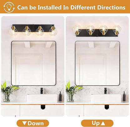 4-Light Bathroom Vanity Light Fixture Over Mirror, Bathroom Light Fixutre Matte Black & Gold Finish with Globle Clear Glass E26 Base Bulbs Not Included for Bathroom, Hallway, Bedroom, Living room