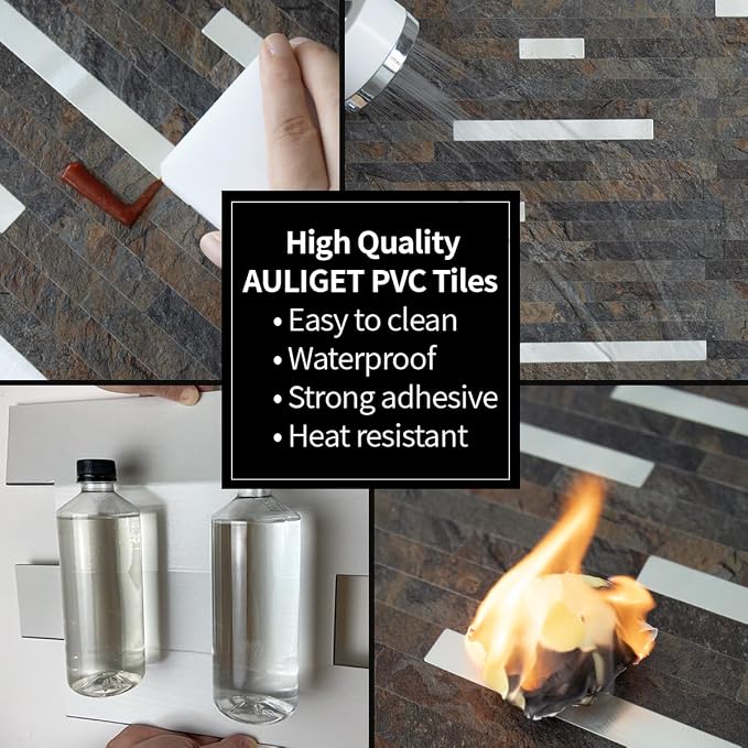 AULIGET 20 Sheets Rust Slate Peel and Stick Backsplash, PVC Mixed Metal Silver Wall Tile Stick on Backsplash for Kitchen and Bathroom