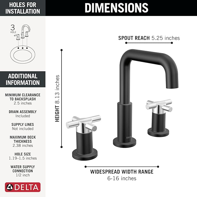 Delta Nicoli Matte Black/Chrome Bathroom Faucet 3 Hole, 8 Inch Widespread Bathroom Sink Faucet for Vanity, Push-Pop Drain Assembly, Matte Black/Chrome 35894LF-CS