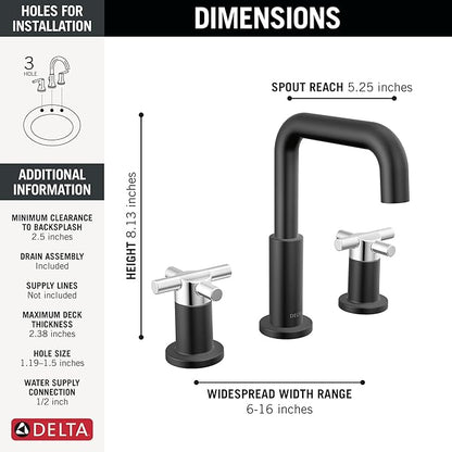 Delta Nicoli Matte Black/Chrome Bathroom Faucet 3 Hole, 8 Inch Widespread Bathroom Sink Faucet for Vanity, Push-Pop Drain Assembly, Matte Black/Chrome 35894LF-CS