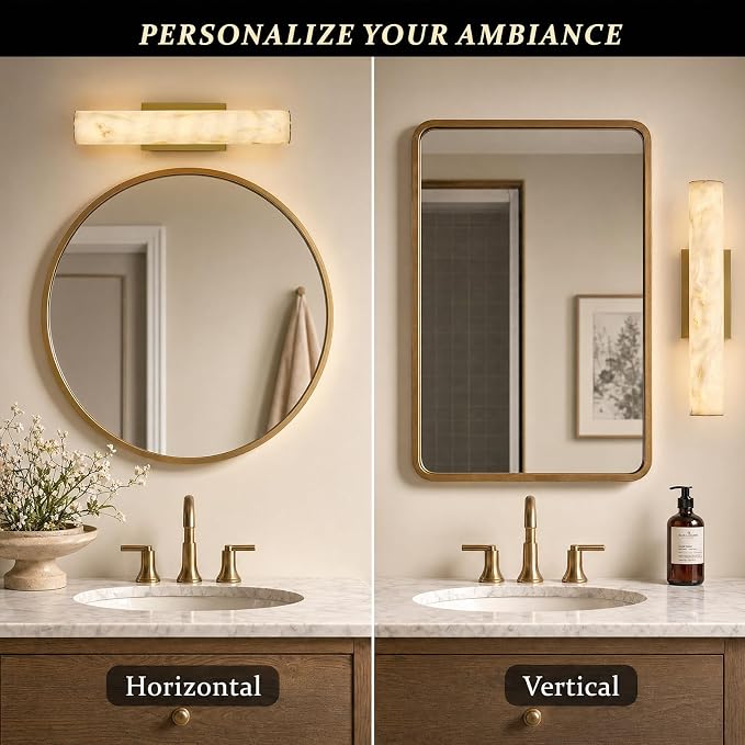 Alabaster Wall Sconce, 20in Linear Gold Brass Wall Sconces, Luxury Marble Look Bathroom Vanity Light, 3000K Dimmable Hardwired Wall Lamp for Living Room Bedroom Hallway, 1 Pack, Faux Alabaster