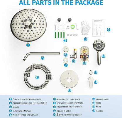 EMBATHER Shower Faucet Sets - Overhead Rain Head Shower System with High Pressure Handheld Complete Combo and Mixer Valve Trim Kit - Brushed Nickel Rainfall Shower Fixture for Luxury Bathroom