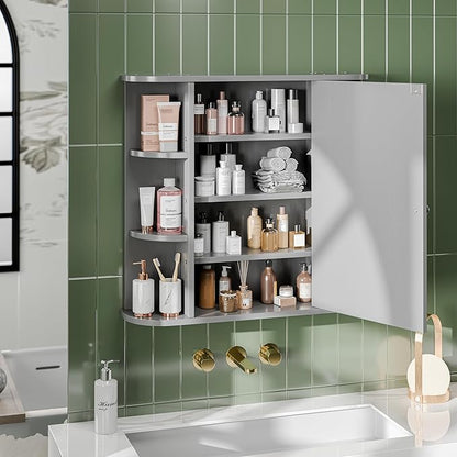 Bathroom Mirror Cabinet Wall Mounted, Medicine Cabinet with Mirror and 6 Open Shelves, Modern Bathroom Wall Cabinets Medicine Cabinets, Grey
