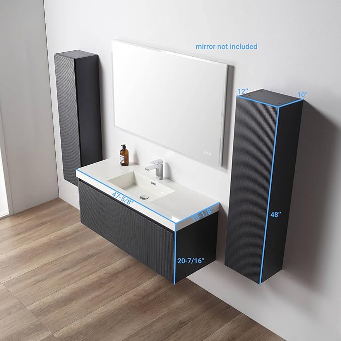 Blossom 48 Inch Bathroom Vanity with Sink and 2 Side Cabinets, All Wood Wall Mounted Floating Bathroom Vanity Cabinet with Acrylic Sink, Soft-Close Drawers, Bathroom Vanities, Night Blue