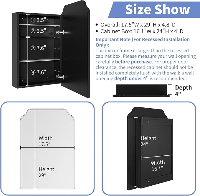 AGDULL Recessed Medicine Cabinet with Arched Mirror, Overall 17.5"x29" | Bathroom Wood Black Wall Cabinet with Mirror, Soft-Closed Hinges, Fully Assembled, Surface Mount Option, Right-Swing Door